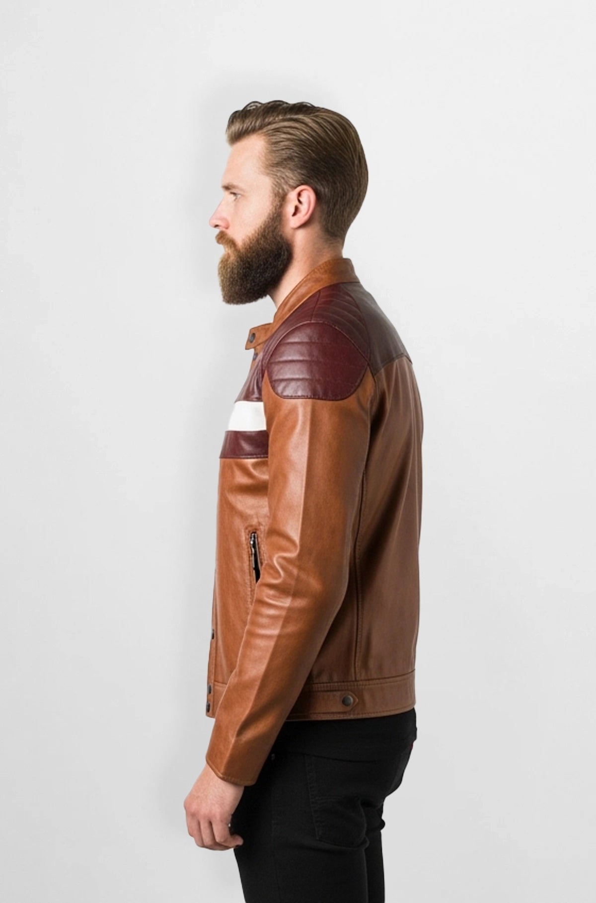 Classic Brown & Burgundy Leather Biker Jacket Side view