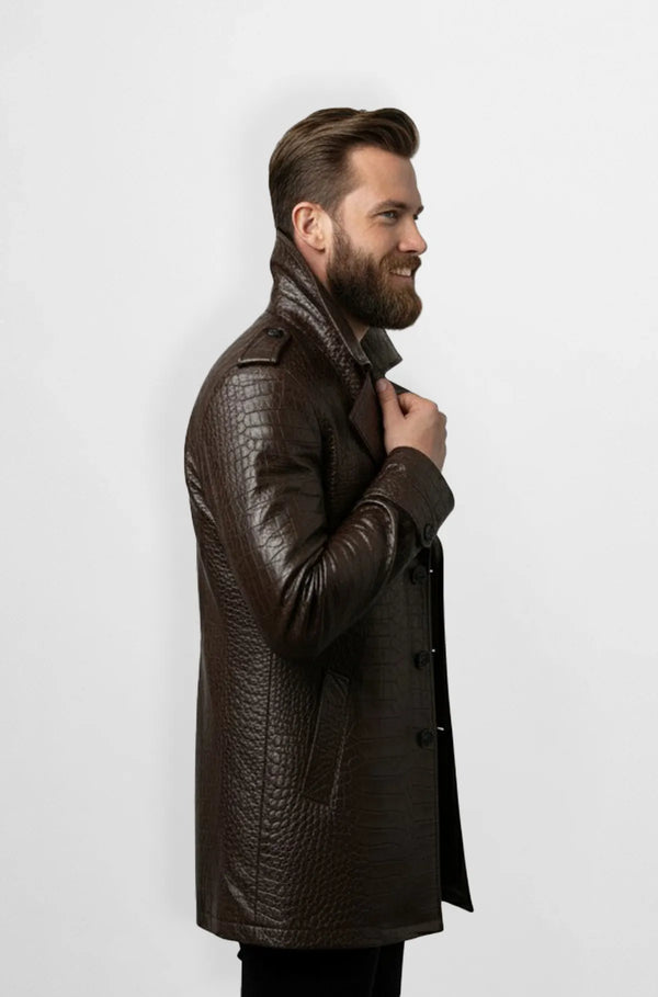 Classic Brown Crocodile Pattern Leather Trench Coat