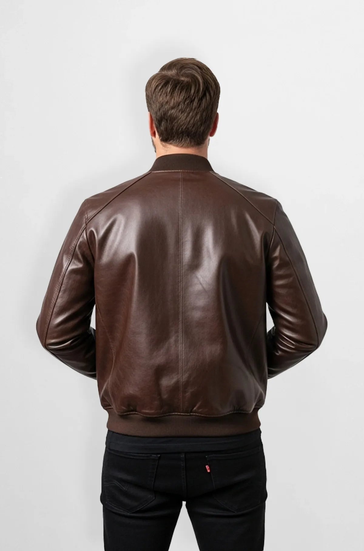 Classic Brown Leather Bomber Jacket Back view