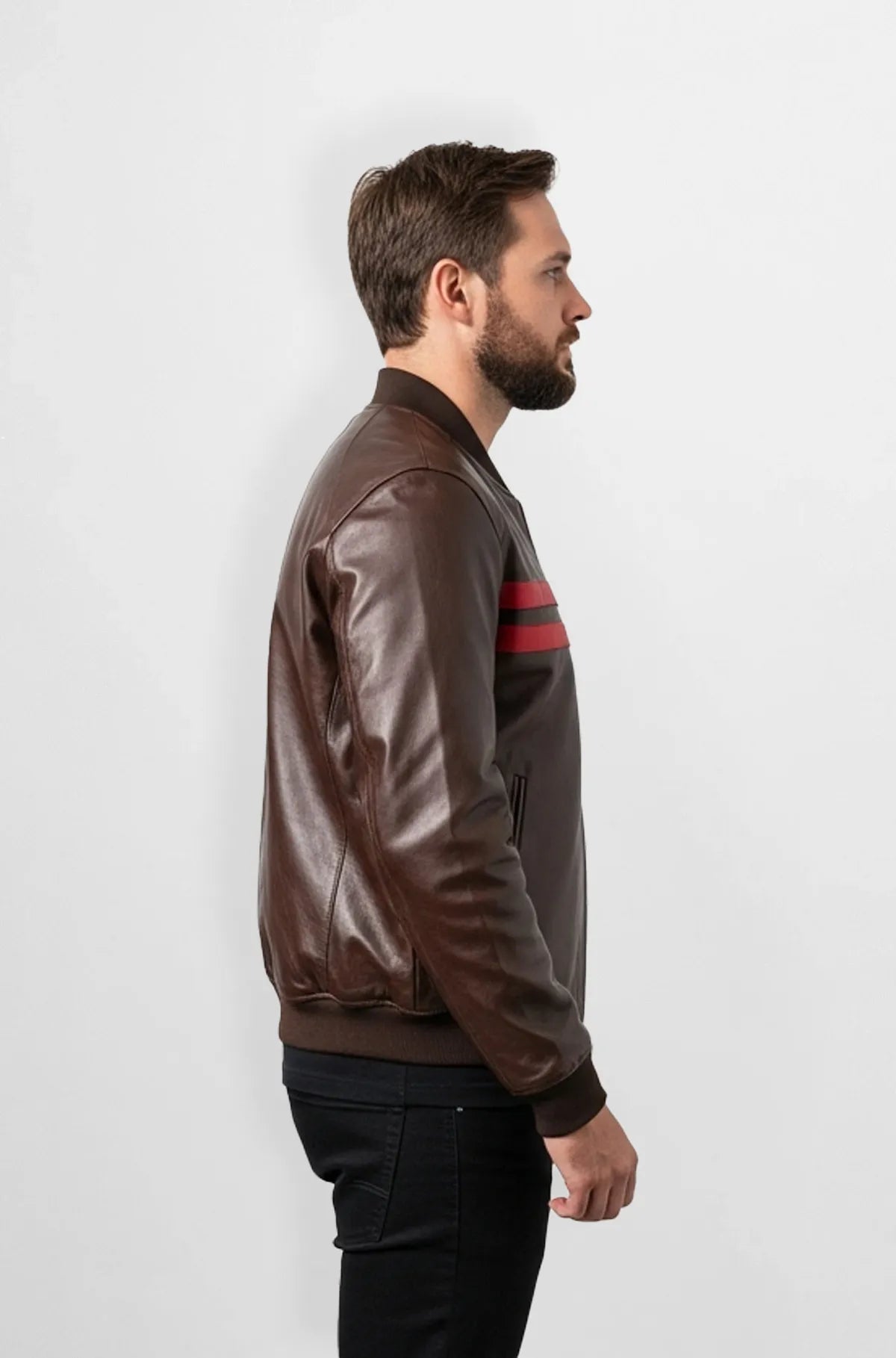 Classic Brown Leather Bomber Jacket Side view