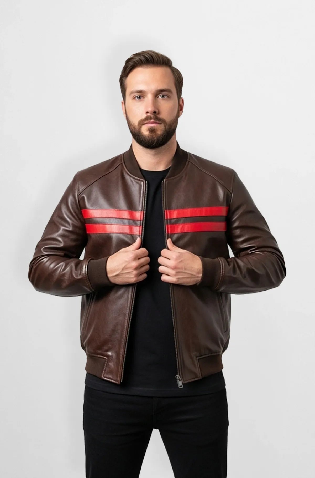 Classic Brown Leather Bomber Jacket Front view