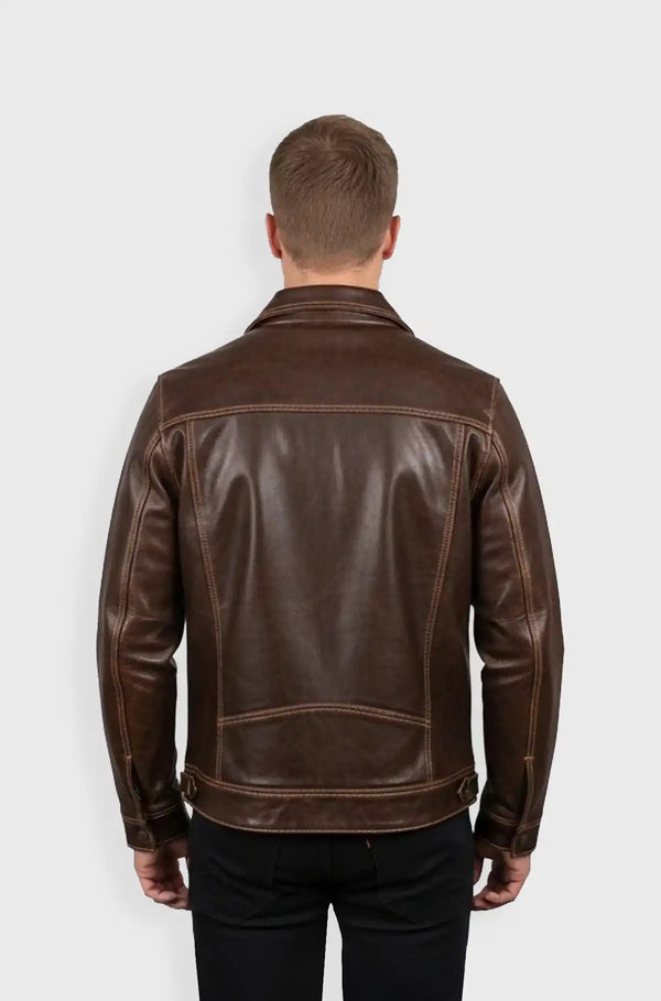 Classic Brown Leather Jacket with Shirt Collar back view