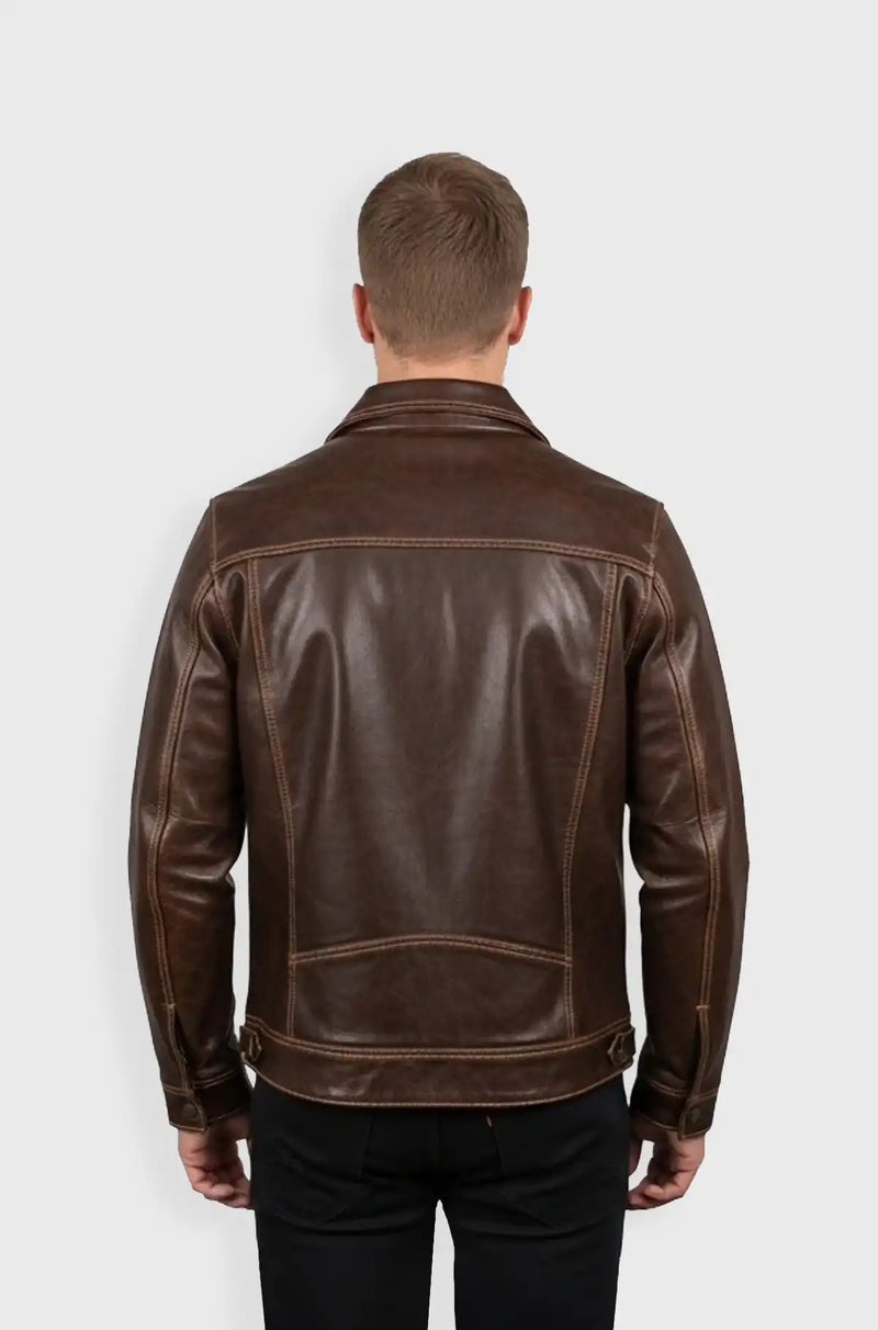 Classic Brown Leather Jacket with Shirt Collar back view