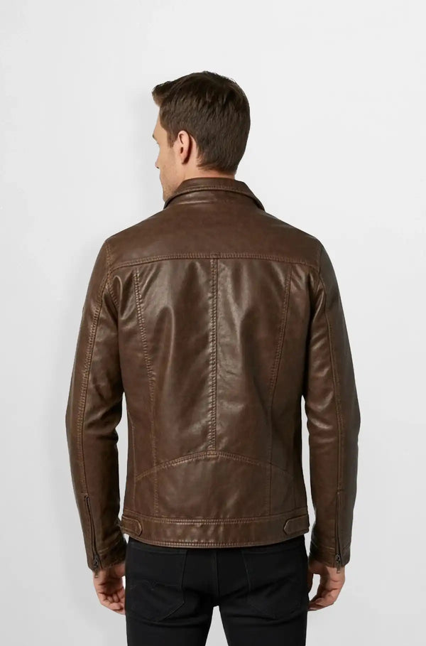 Classic Brown Leather Trucker Jacket Back view