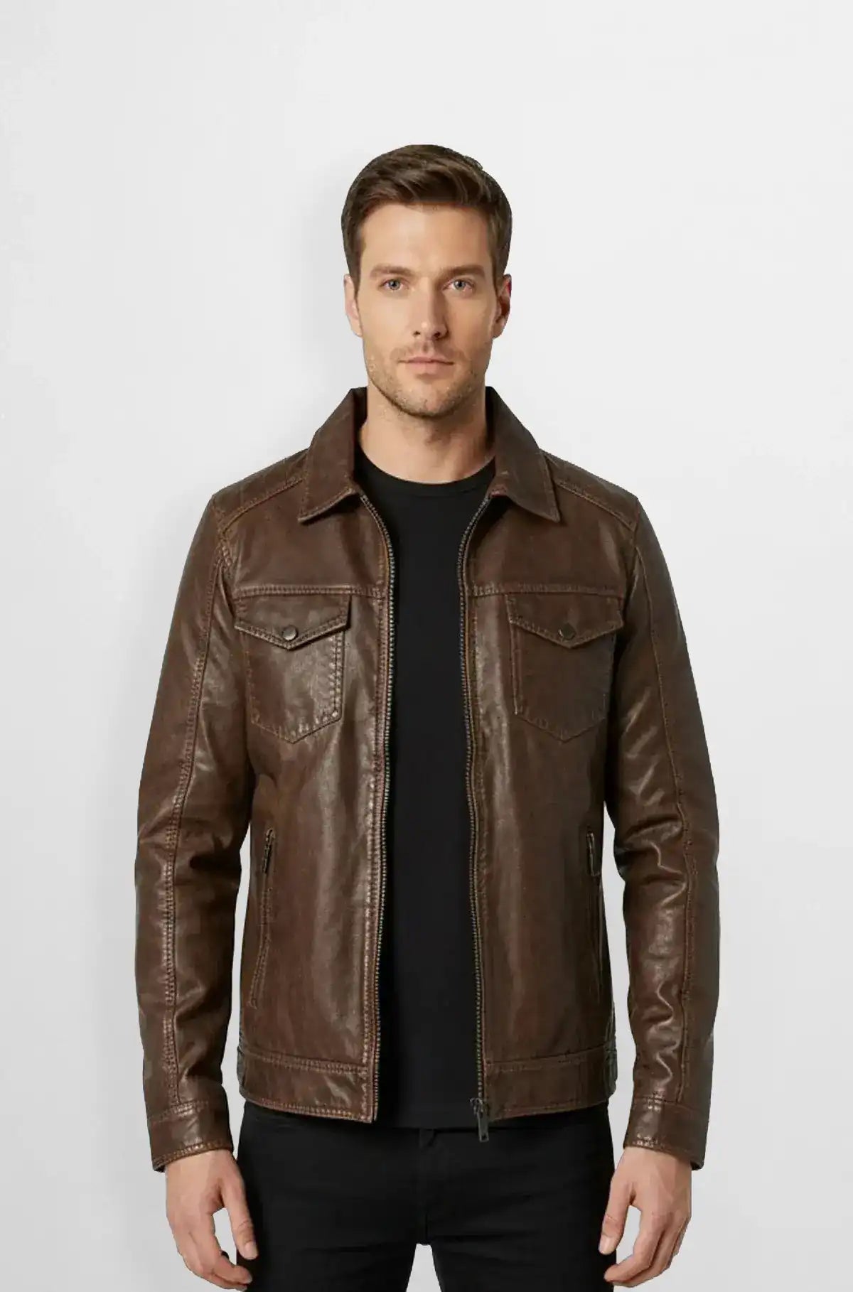 Classic Brown Leather Trucker Jacket Front view