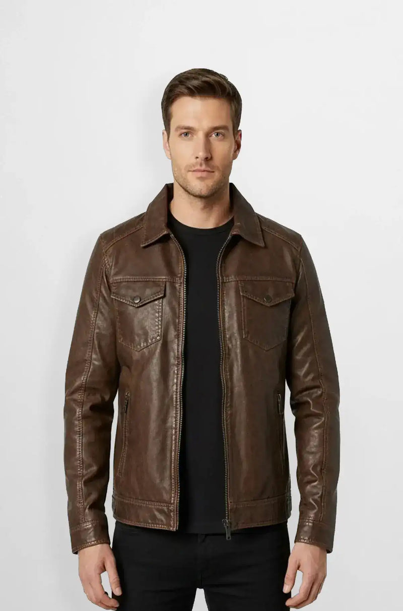 Classic Brown Leather Trucker Jacket Front view