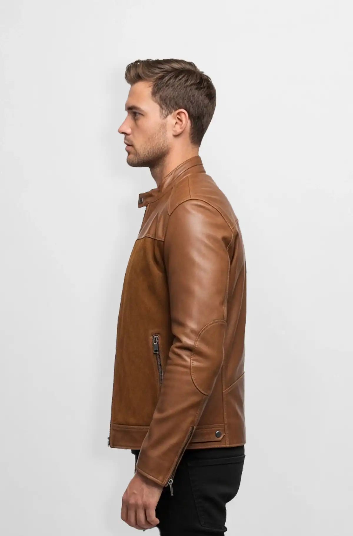 Classic Brown Suede Leather Bomber Jacket Side view