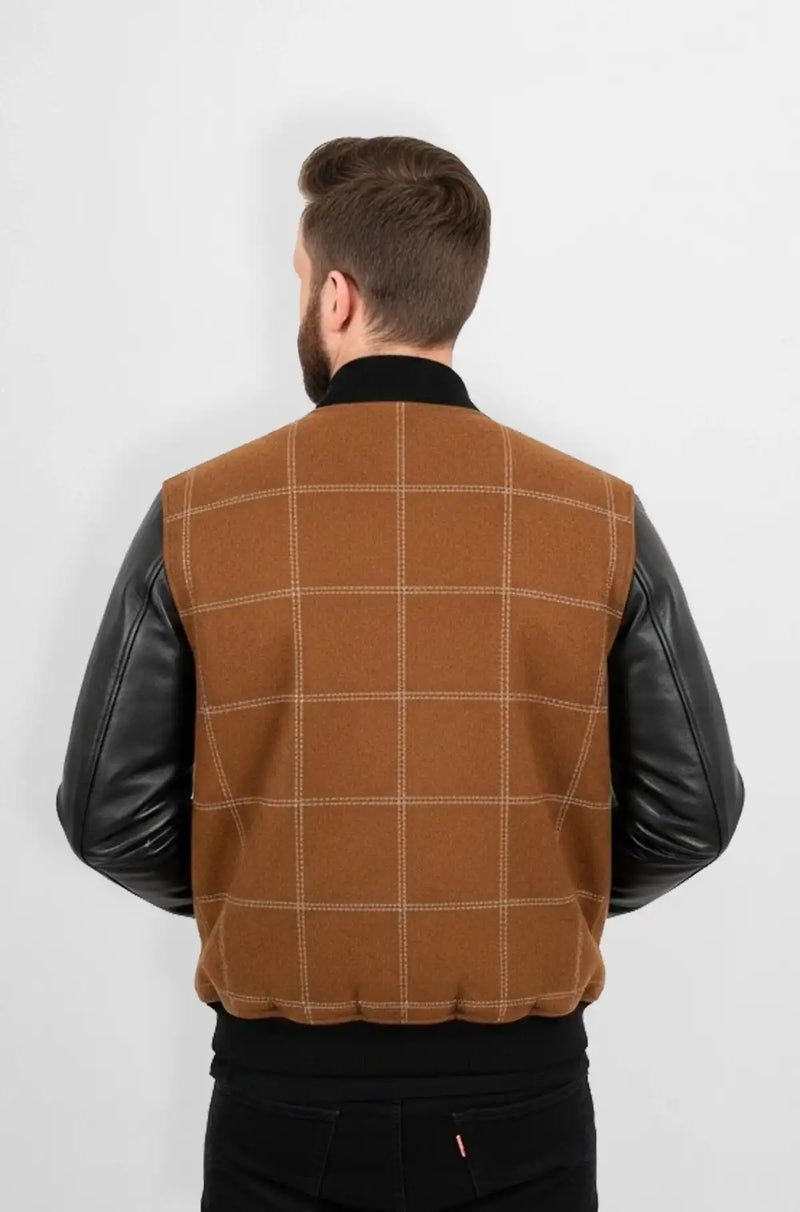 Classic Brown Wool Leather Bomber Jacket Back view