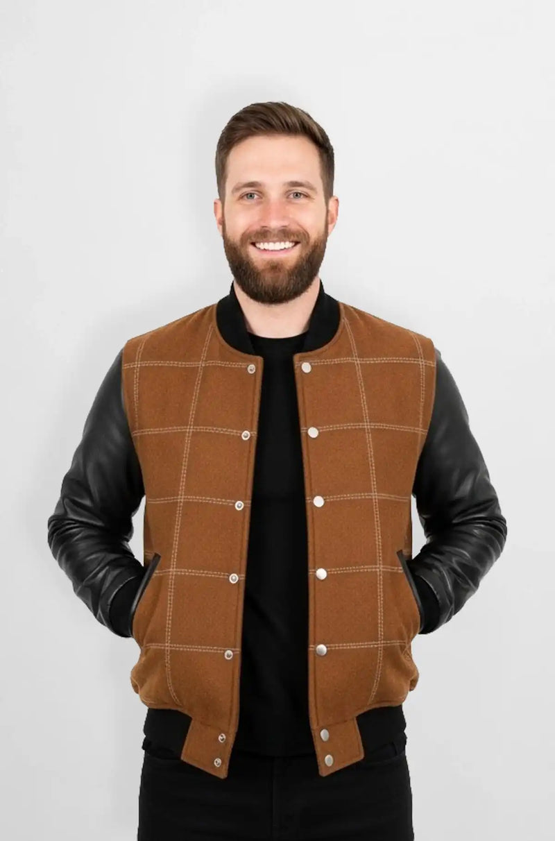 Classic Brown Wool Leather Bomber Jacket Front view