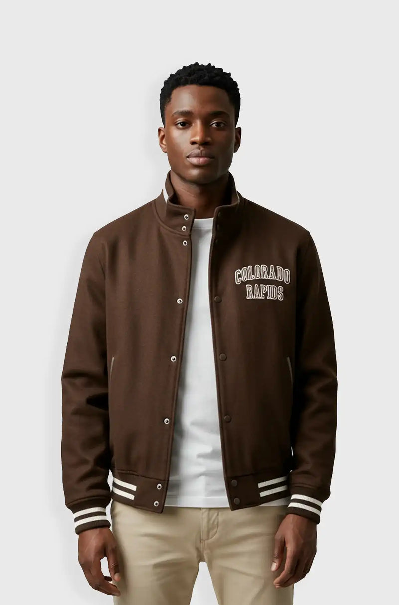 Classic Brown Wool Letterman Jacket Front view
