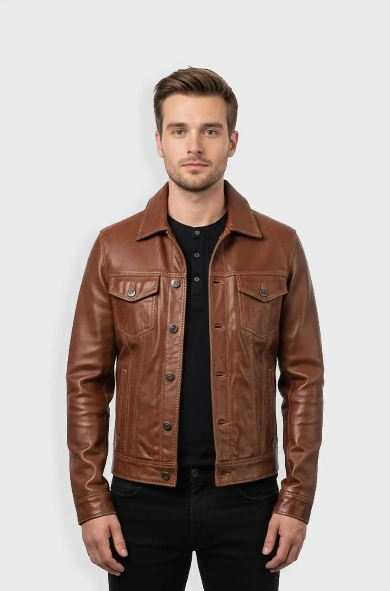 Classic Chestnut Brown Trucker Leather Jacket