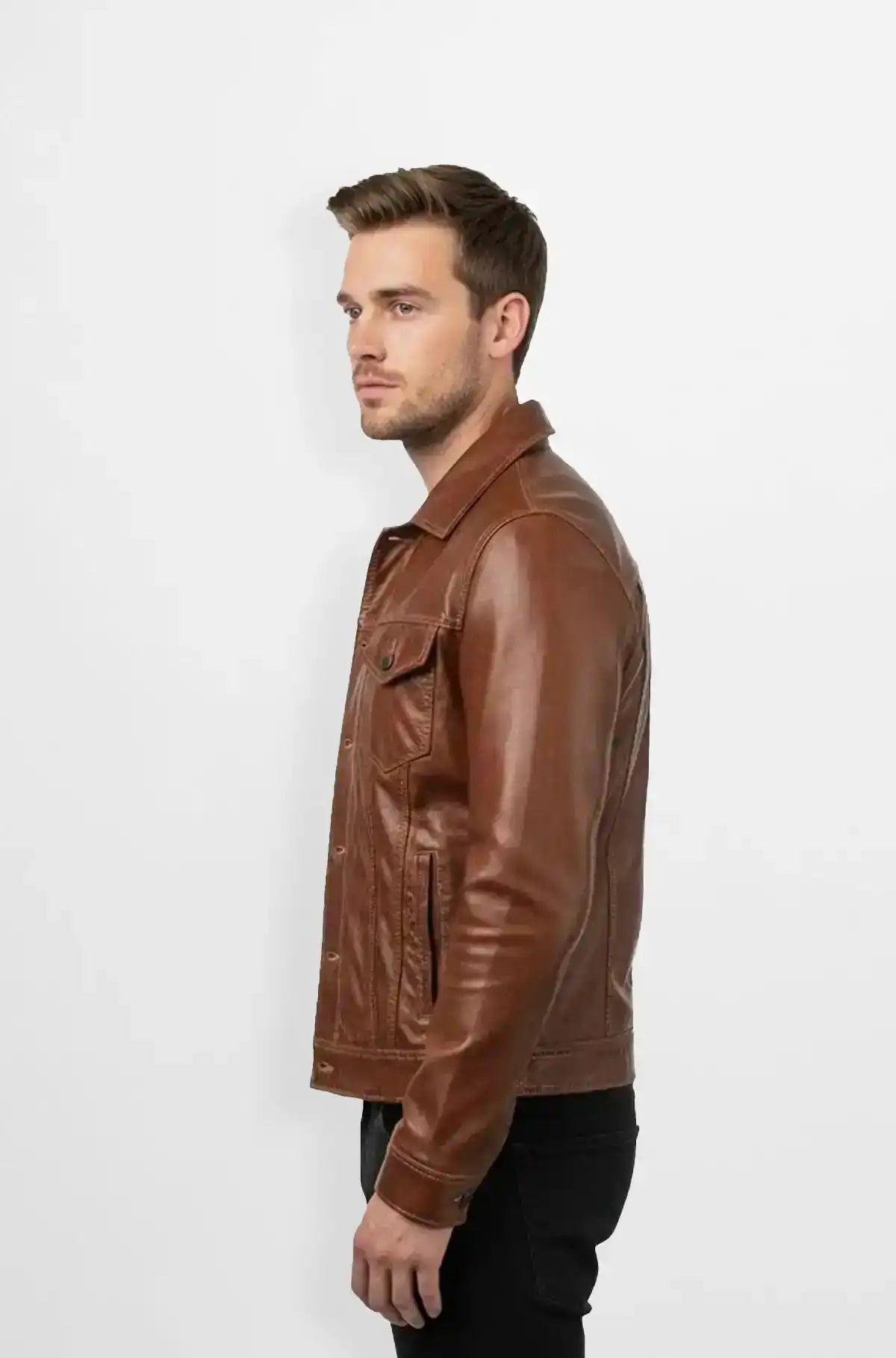 Classic Chestnut Brown Trucker Leather Jacket