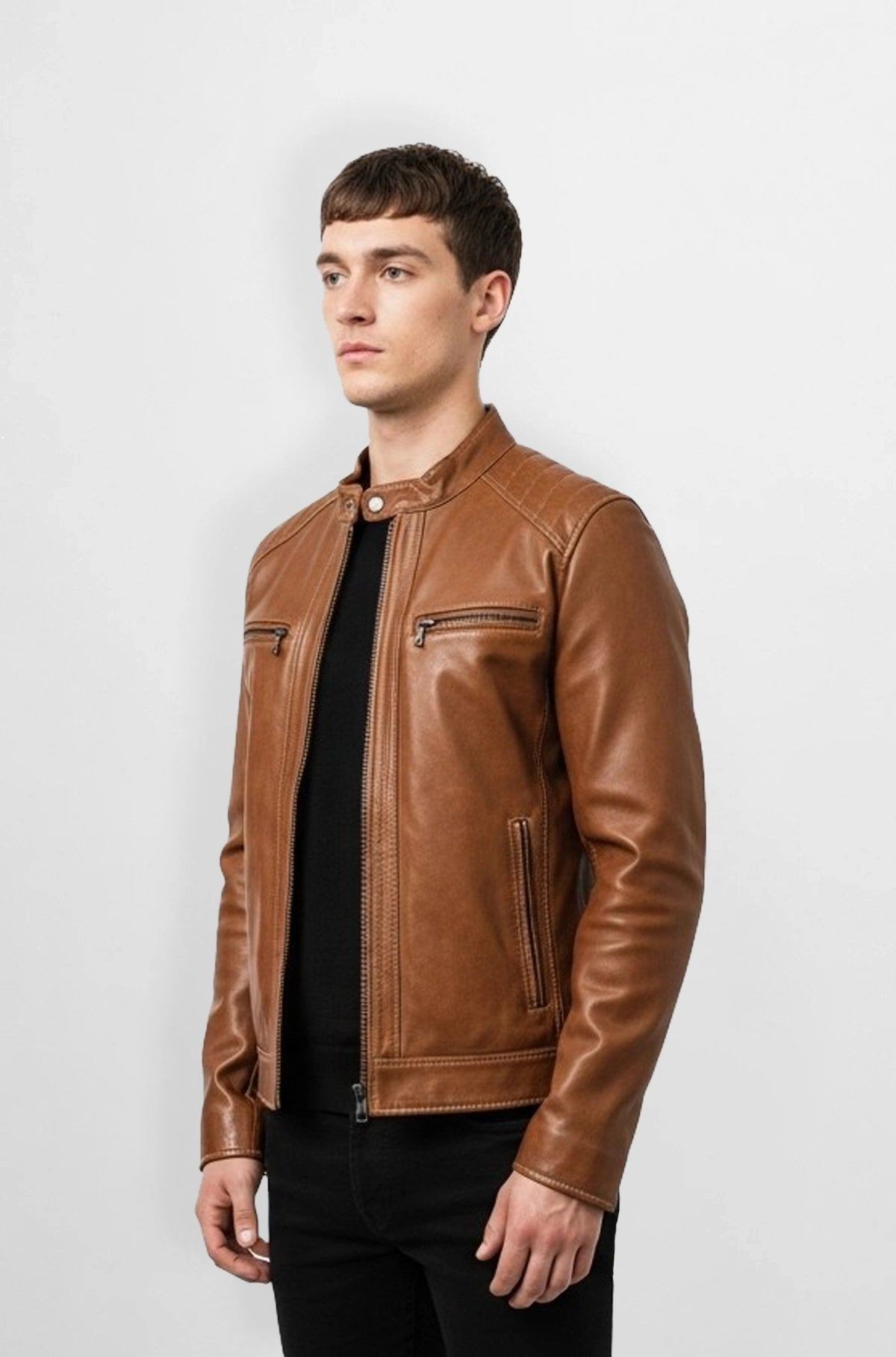 Classic Cognac Brown Leather Biker Jacket Side view