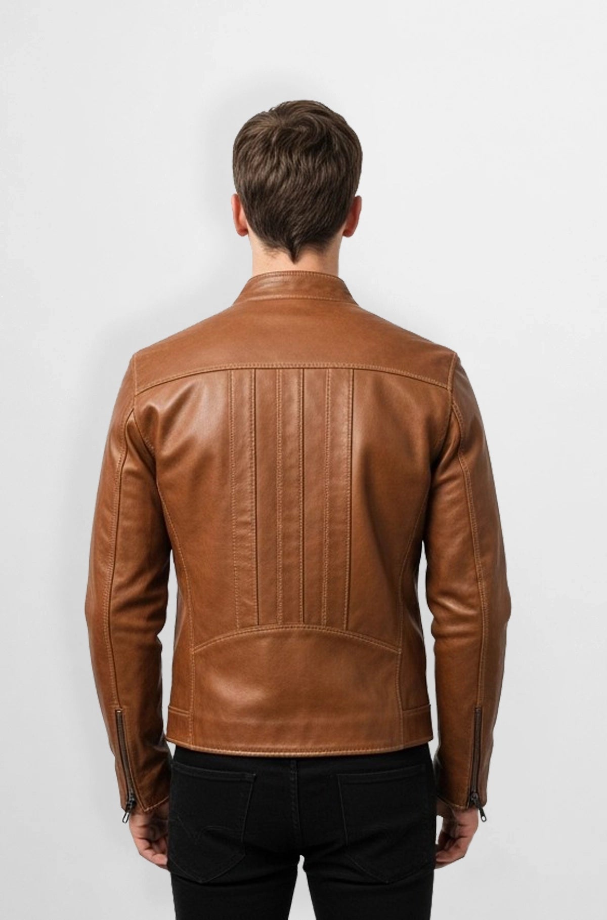 Classic Cognac Brown Leather Biker Jacket Back view