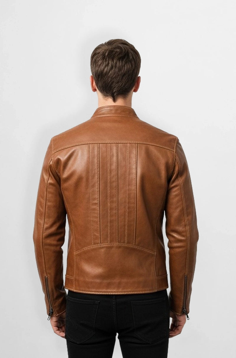 Classic Cognac Brown Leather Biker Jacket Back view