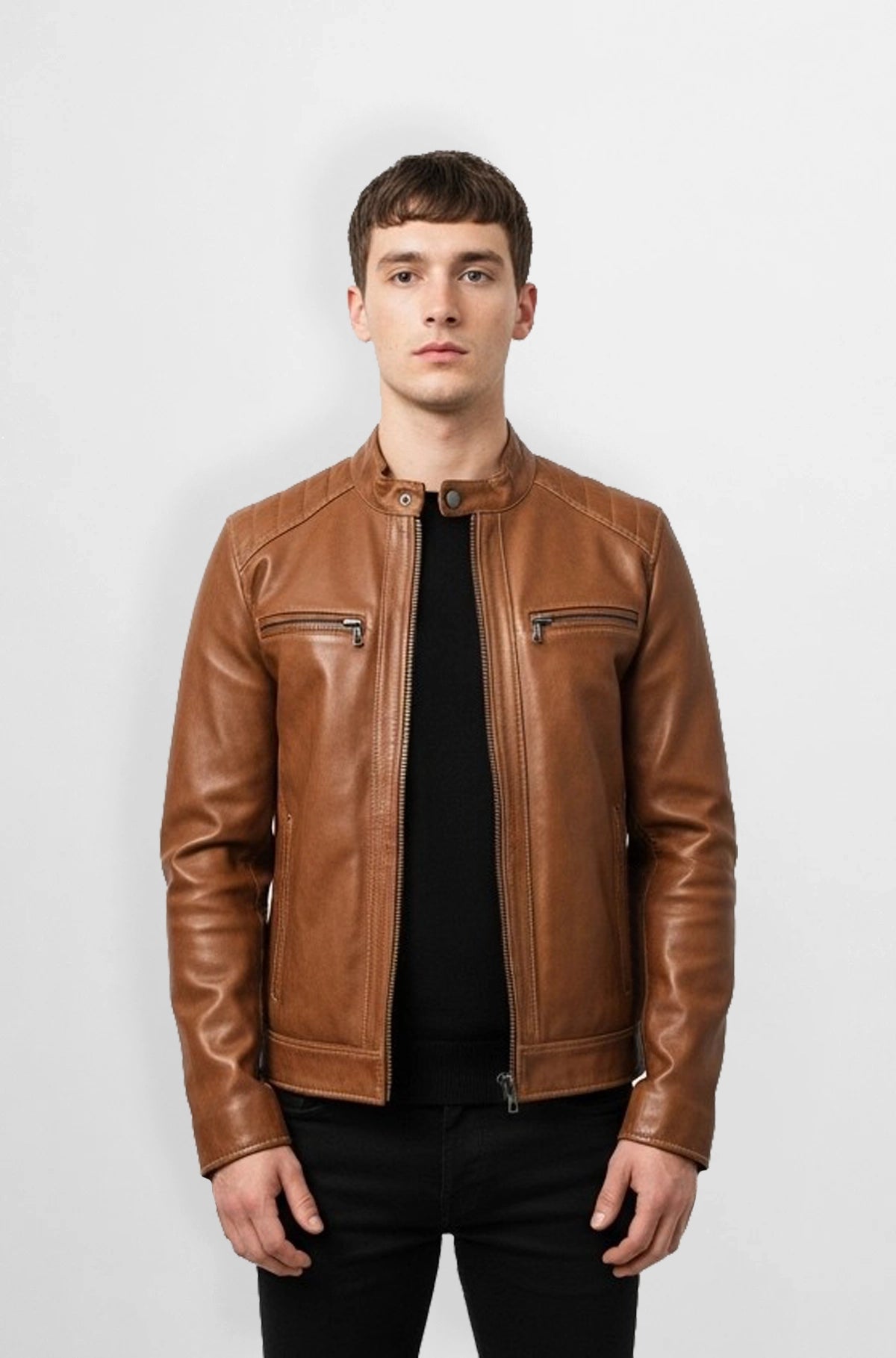 Classic Cognac Brown Leather Biker Jacket Front view