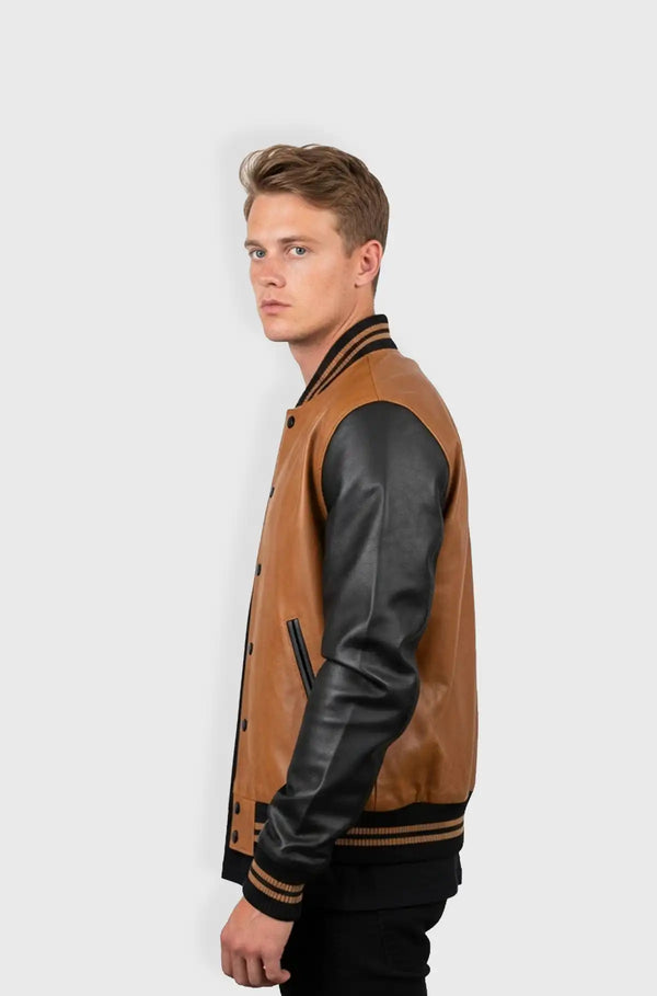 Classic Edge Tan Black Varsity Leather Jacket