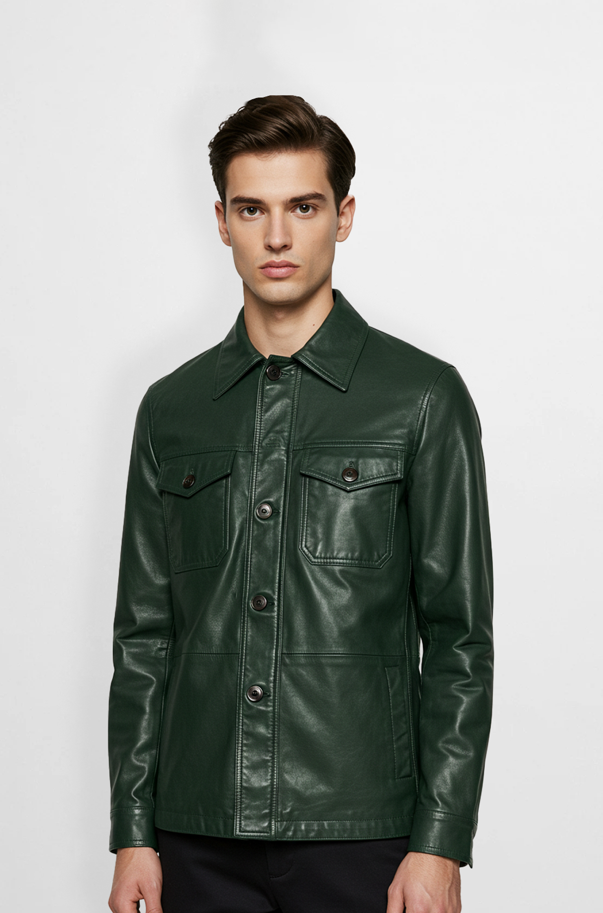 Classic Green Leather Shirt Jacket