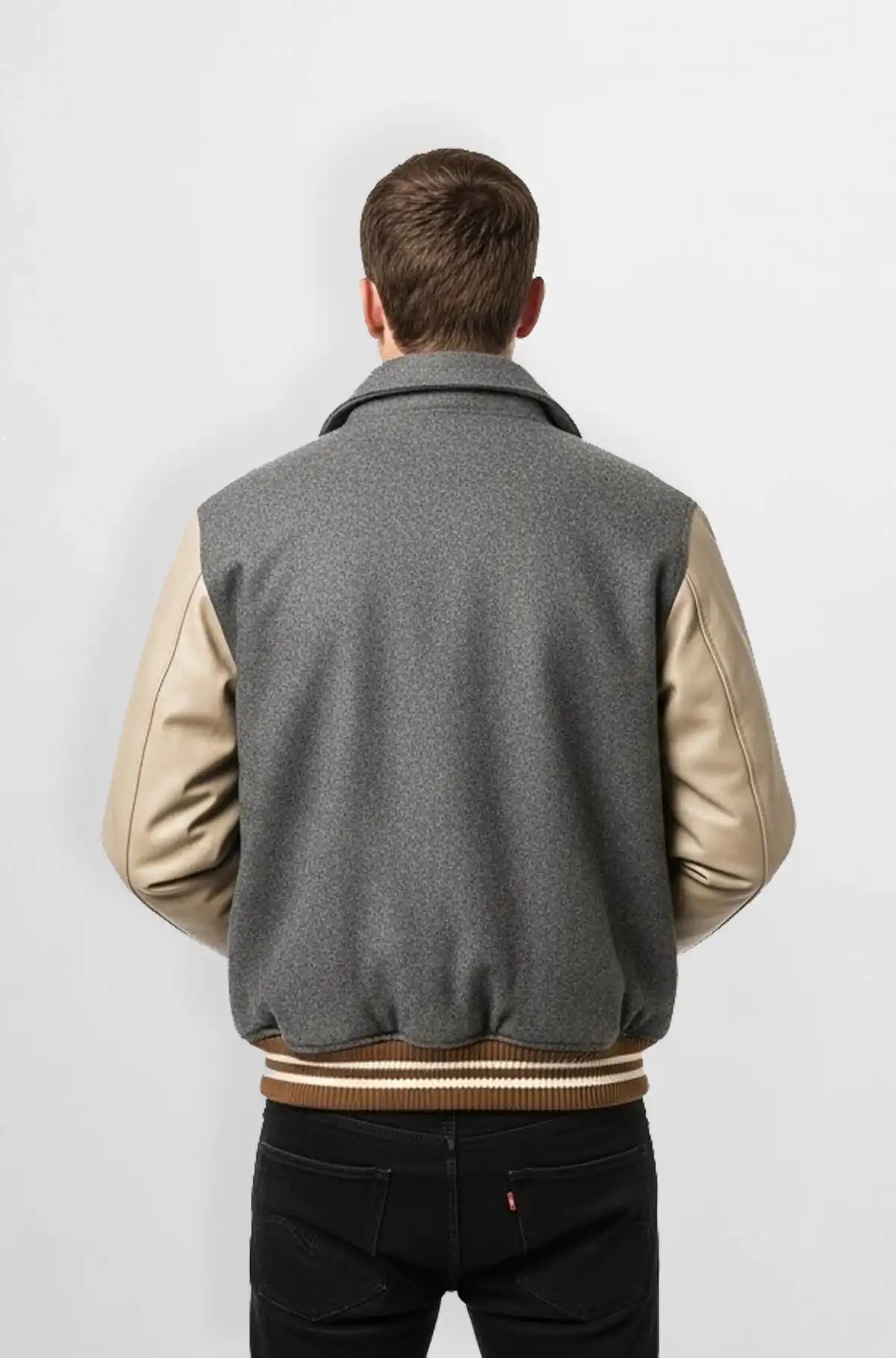 Classic Grey Wool Leather Varsity Jacket Back view