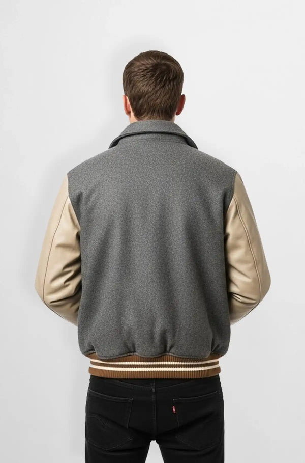 Classic Grey Wool Leather Varsity Jacket Back view