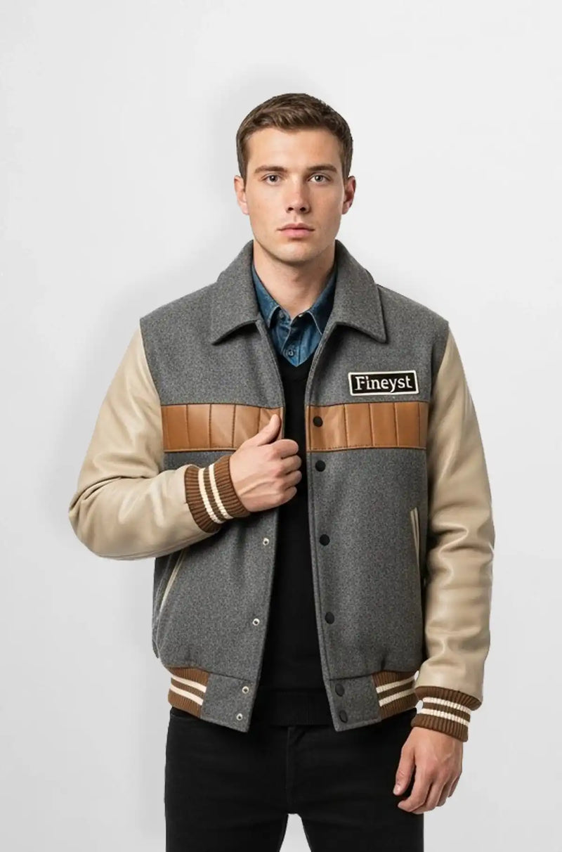 Classic Grey Wool Leather Varsity Jacket Front view