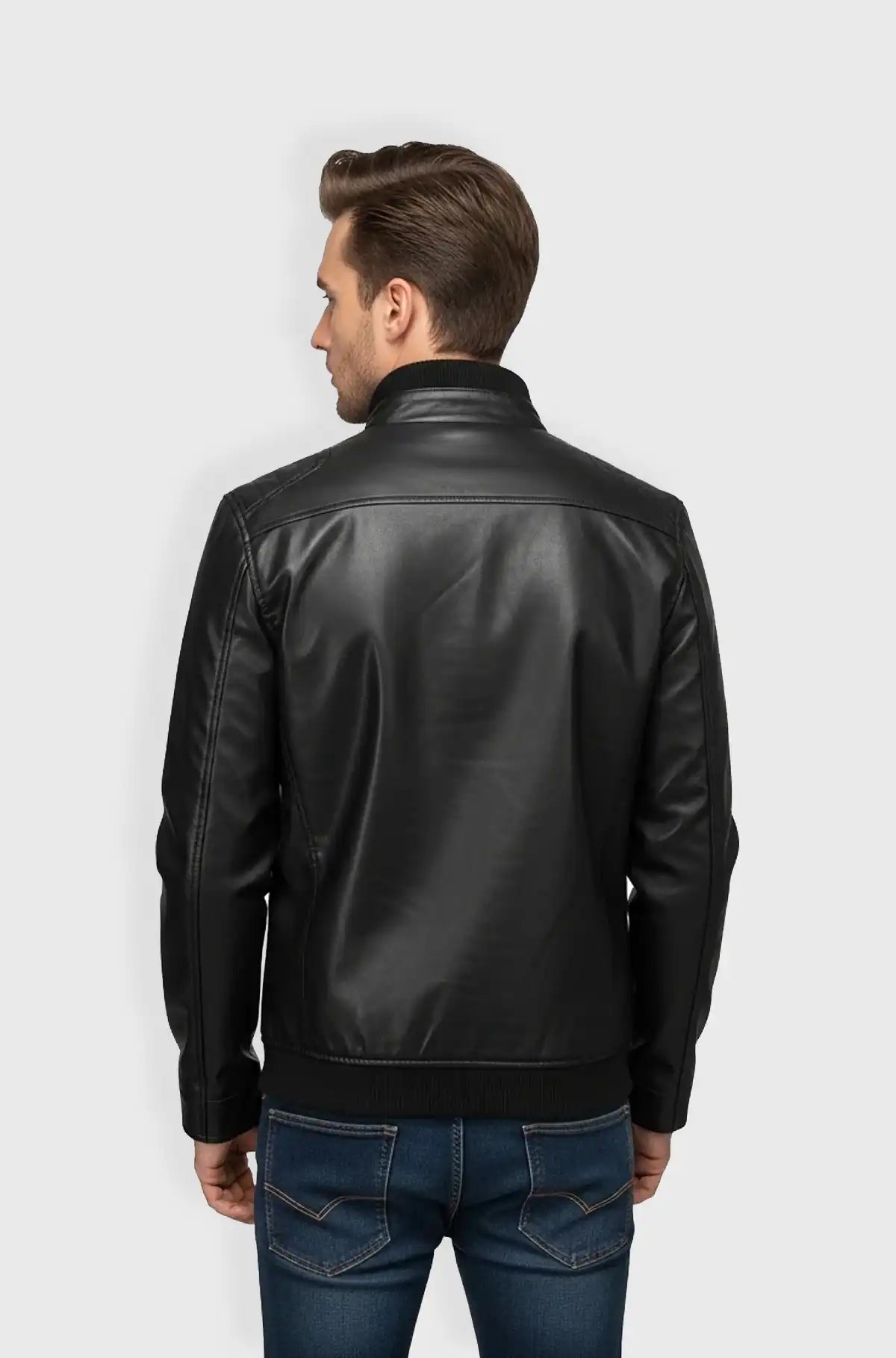 Classic Jet Black Leather Bomber Jacket Back view