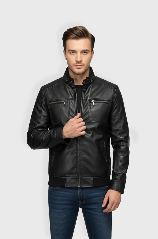Classic Jet Black Leather Bomber Jacket Front view