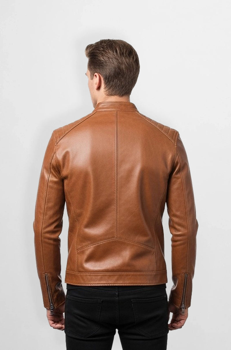 Classic Tan Leather Bomber Jacket