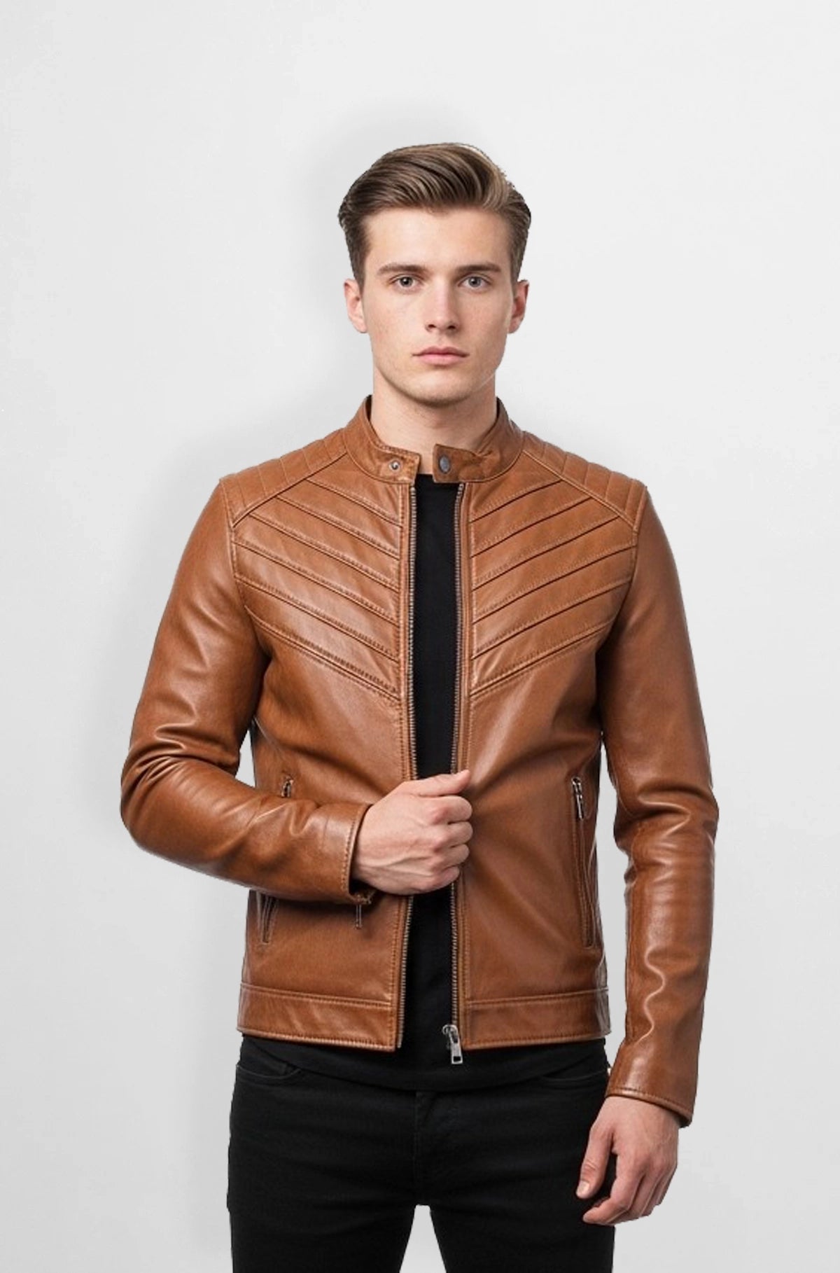 Classic Tan Leather Bomber Jacket