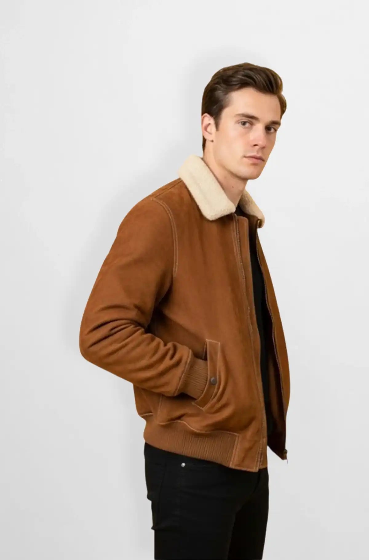 Cognac Bomber Jacket with Sherpa Collar side view