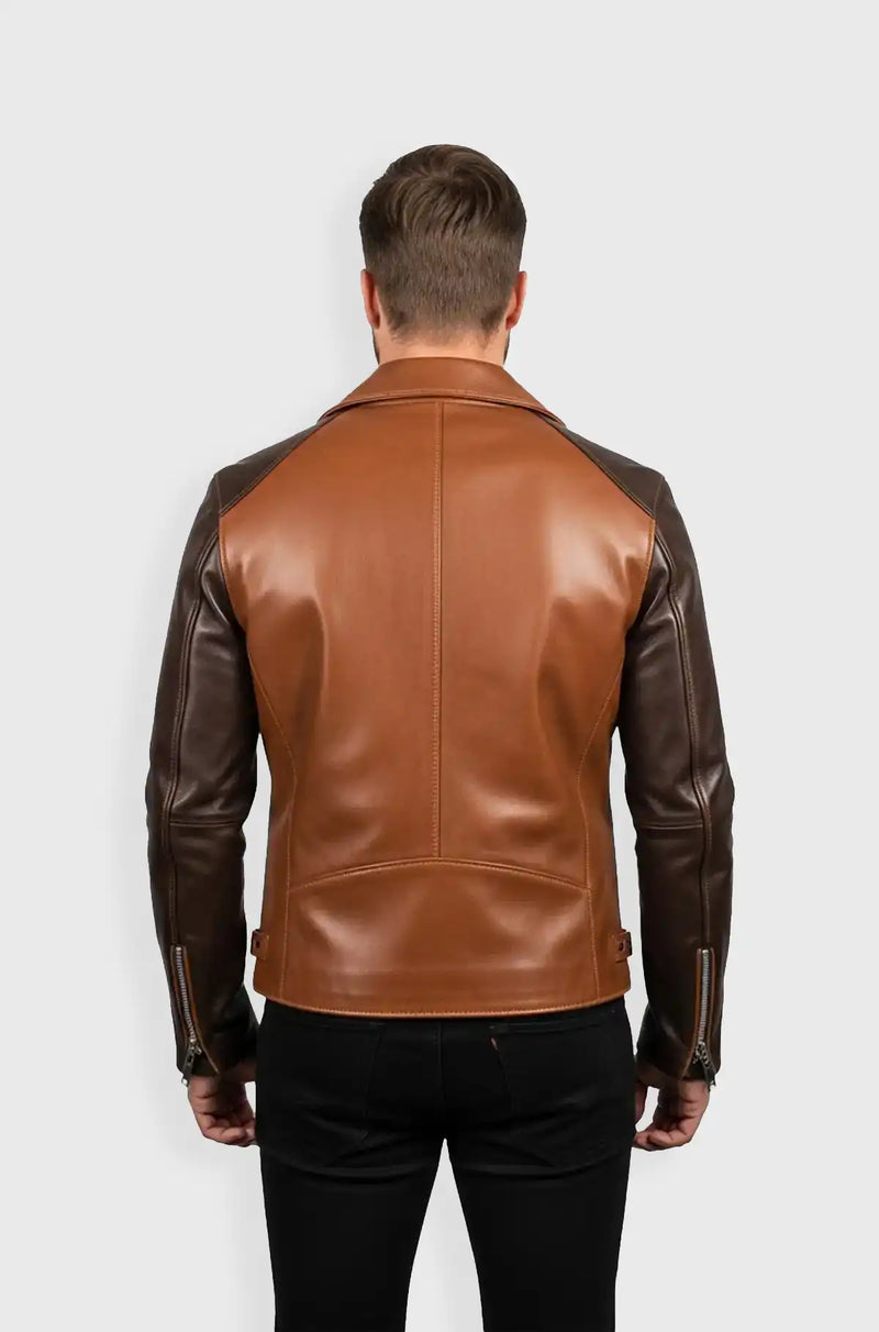 Cognac Brown & Dark Brown Sleeves Moto Leather Jacket Back view