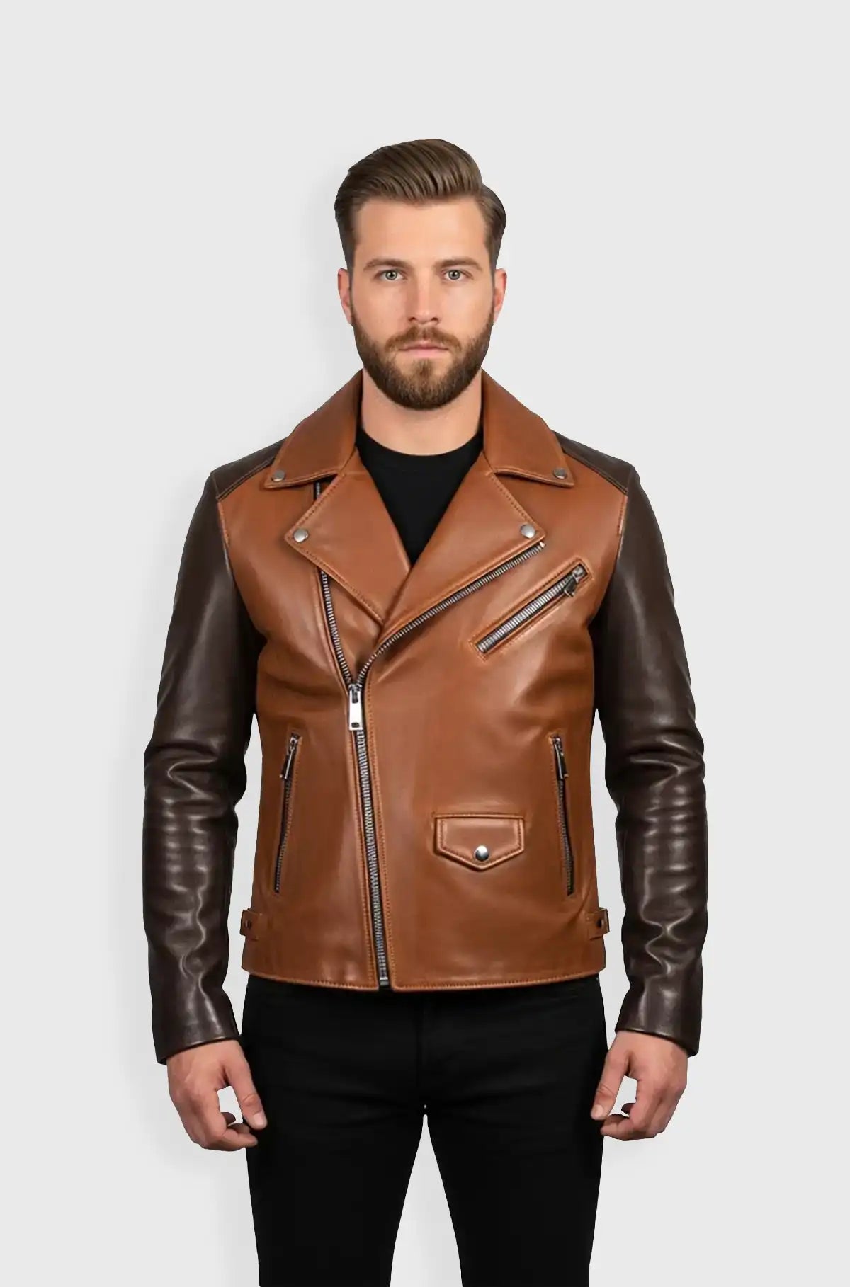 Cognac Brown & Dark Brown Sleeves Moto Leather Jacket Front view