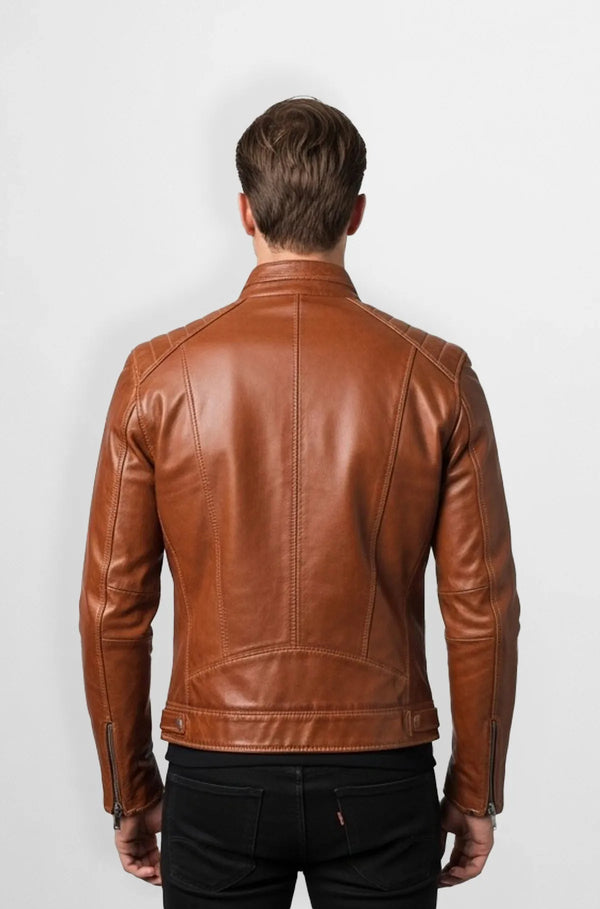 Cognac Brown Leather Bomber Jacket Back view