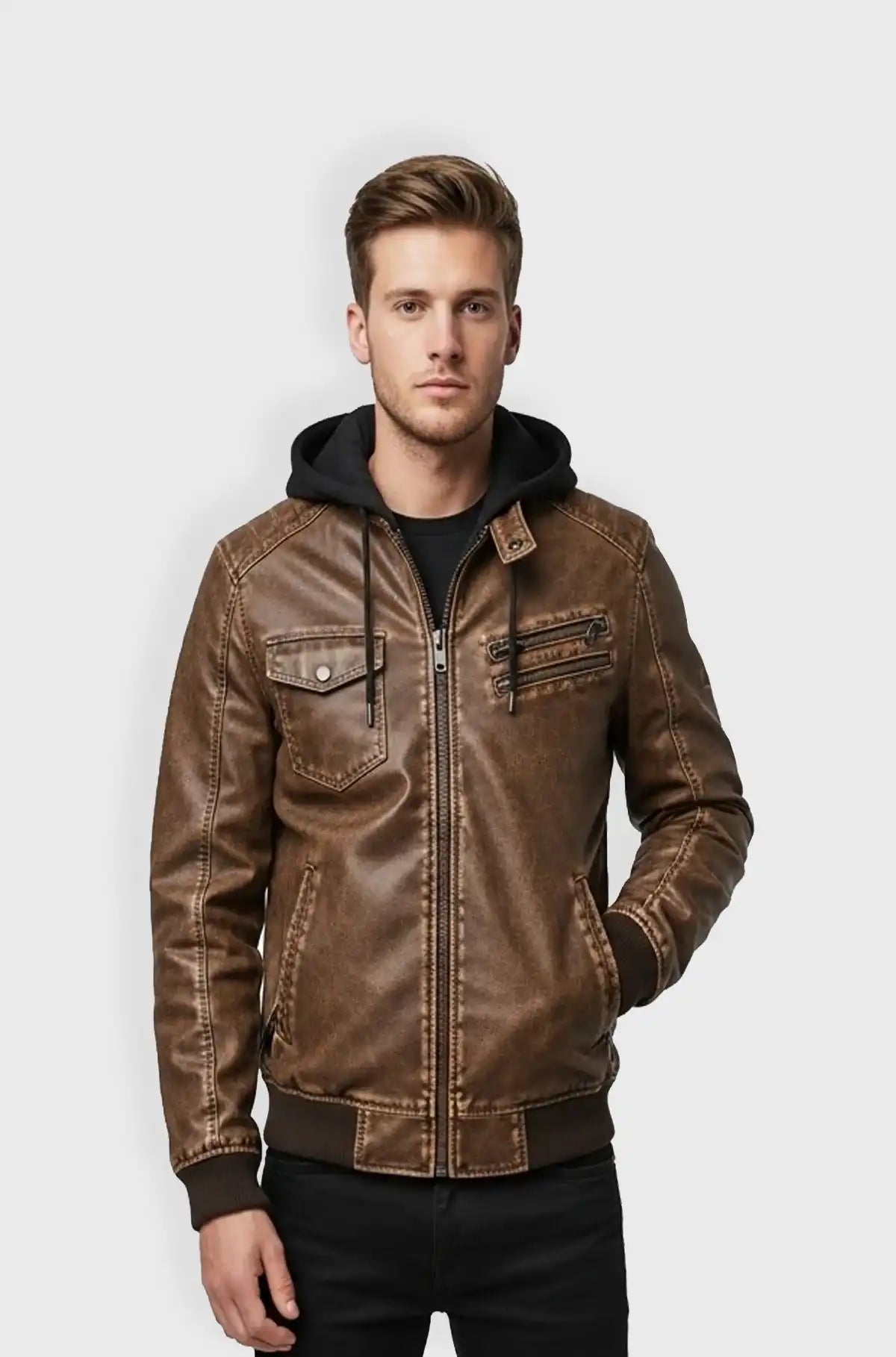 Cognac Brown Leather Hooded Bomber Jacket Front view