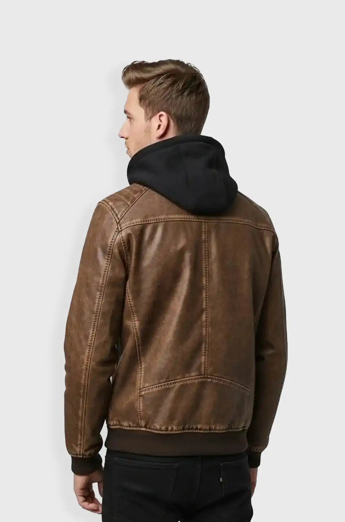 Cognac Brown Leather Hooded Bomber Jacket Back view