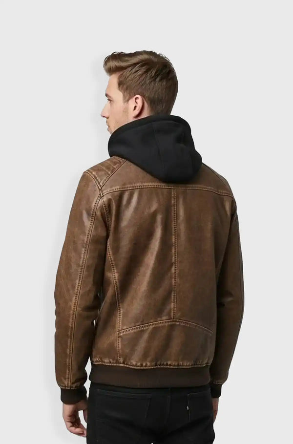 Cognac Brown Leather Hooded Bomber Jacket Back view