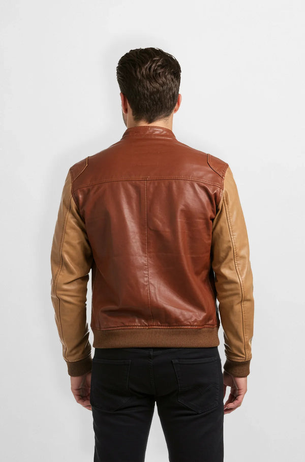Cognac Brown Premium Leather Bomber Jacket Back view