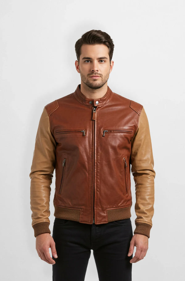 Cognac Brown Premium Leather Bomber Jacket Front view