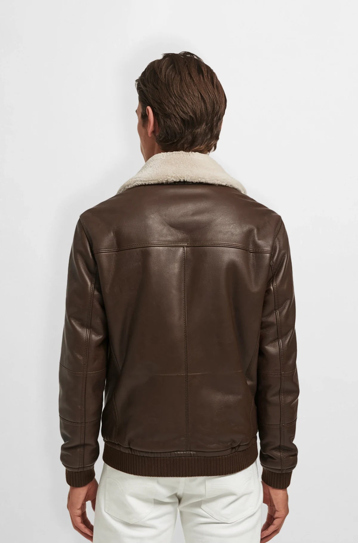 Cognac Brown Shearling Leather Bomber Jacket Back view