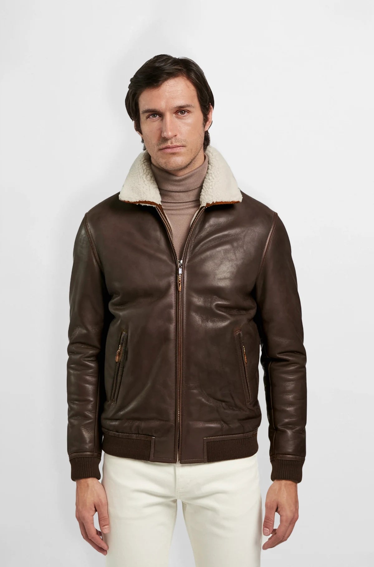 Cognac Brown Shearling Leather Bomber Jacket