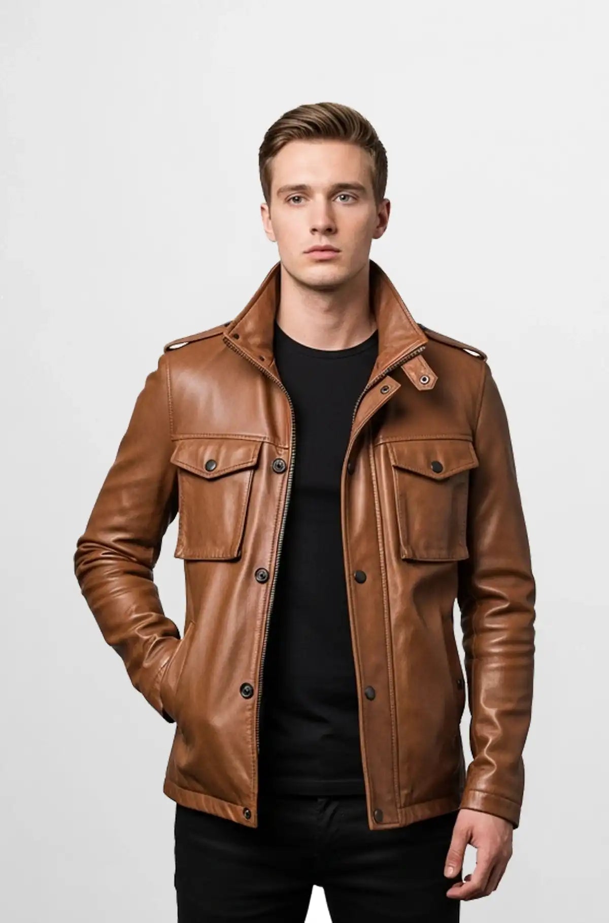 Cognac Brown bomber leather jacket
