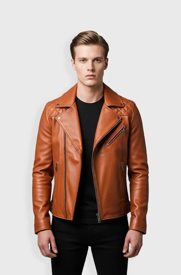 Brown Cognac Quilted Leather Biker Jacket