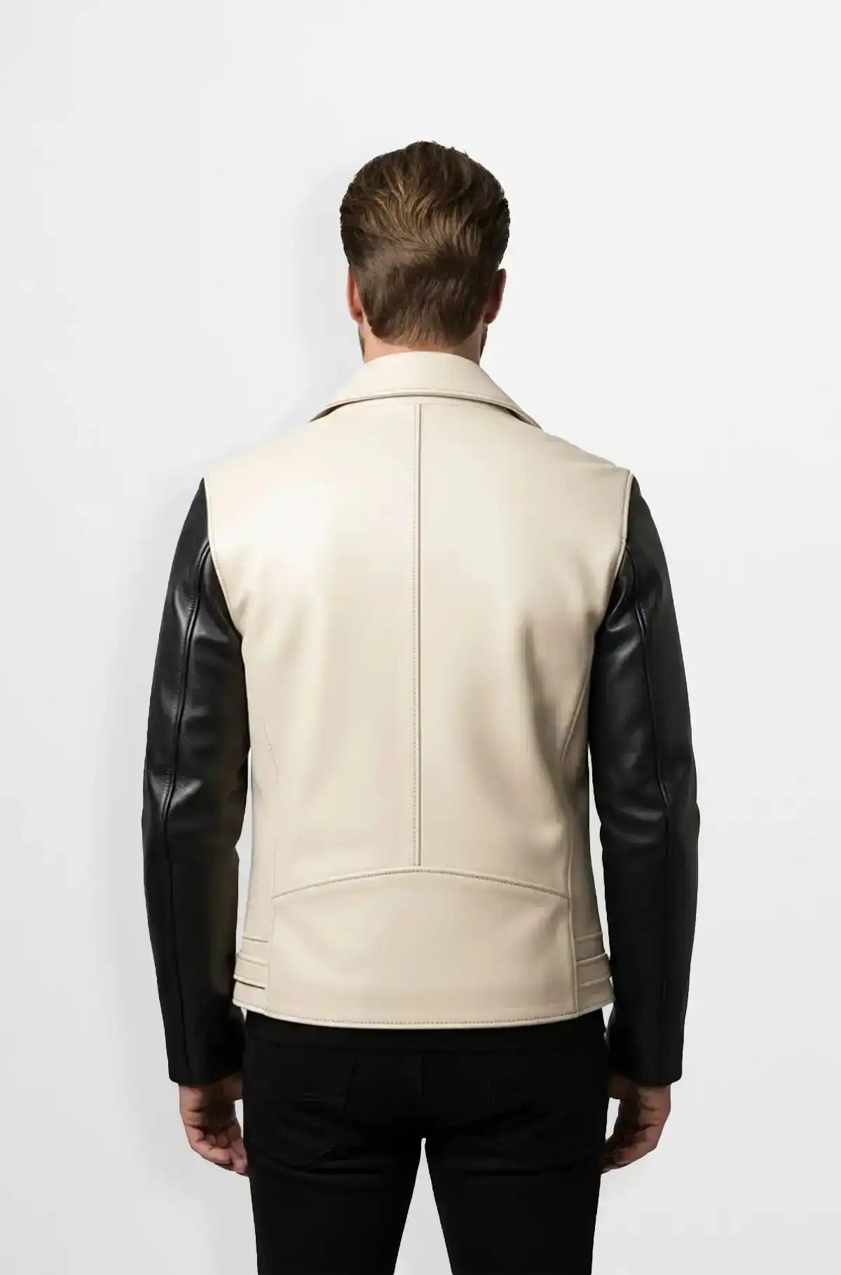 Cream & Black Leather Moto Jacket Back view