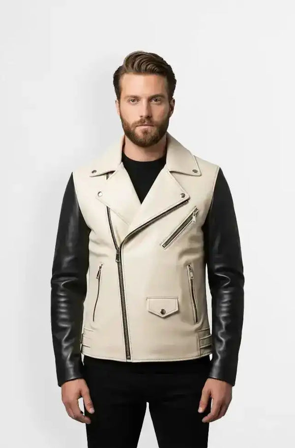 Cream & Black Leather Moto Jacket Front view