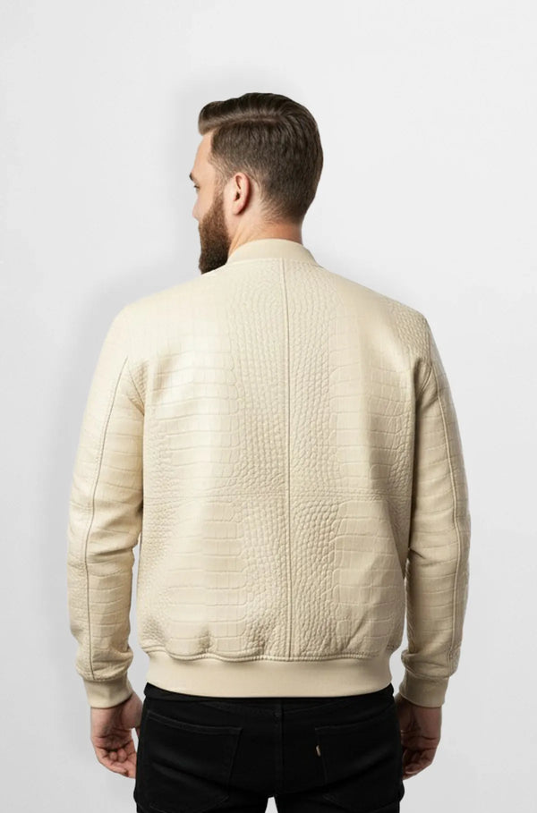 Cream Brown Crocodile Leather Bomber Jacket Back view