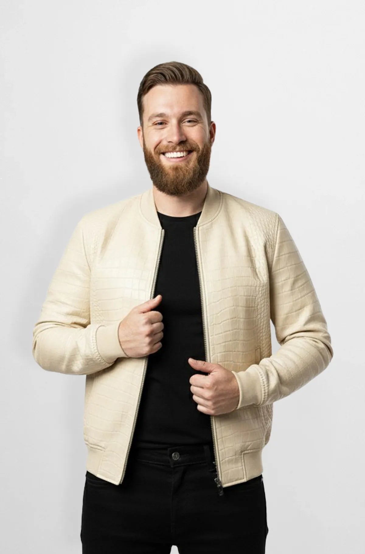 Cream Brown Crocodile Leather Bomber Jacket Front view