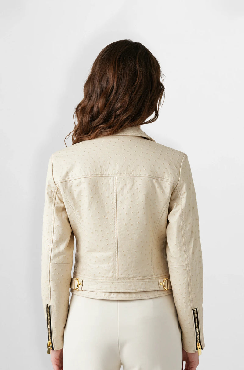 Cream Premium Ostrich Pattern Biker Jacket