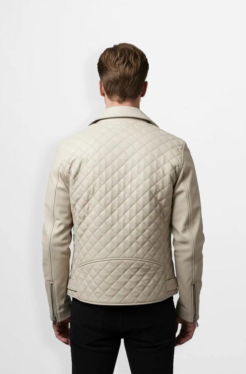 Cream Quilted Leather Biker Jacket Back view