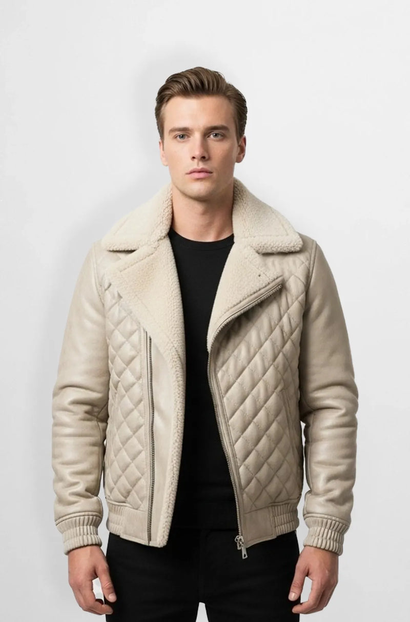 Cream Quilted Shearling Leather Bomber Jacket