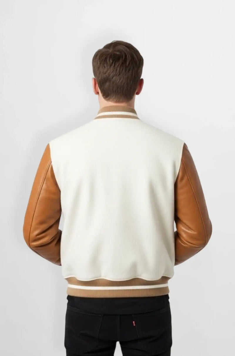 Cream White Grid Wool Leather Varsity Jacket Back view